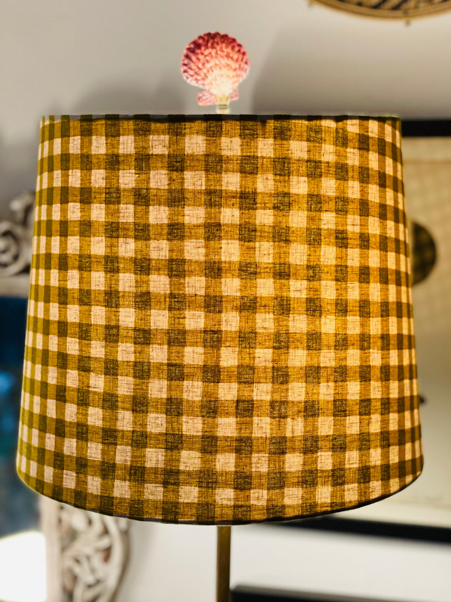 Medium Empire Lampshade. Yellow-Green Gingham Cotton-Linen from Japan.