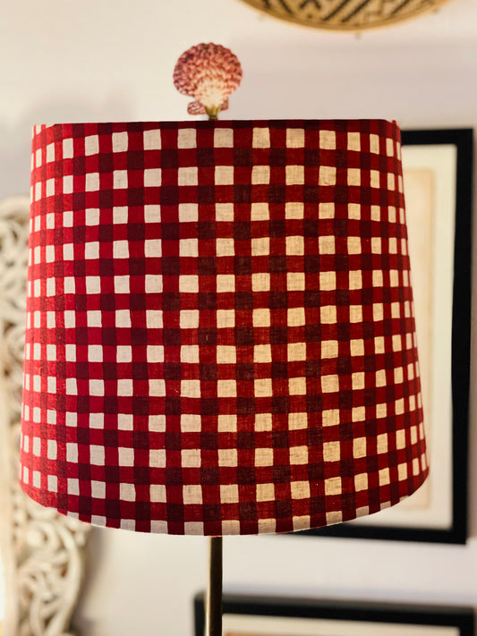 Medium Empire Lampshade. Maroon-Red Gingham Cotton-Linen from Japan.