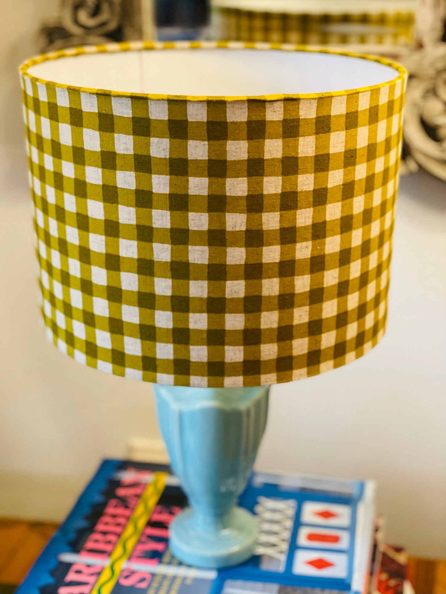10 inch Drum Lampshade. Yellow-Green Gingham Cotton-Linen from Japan.