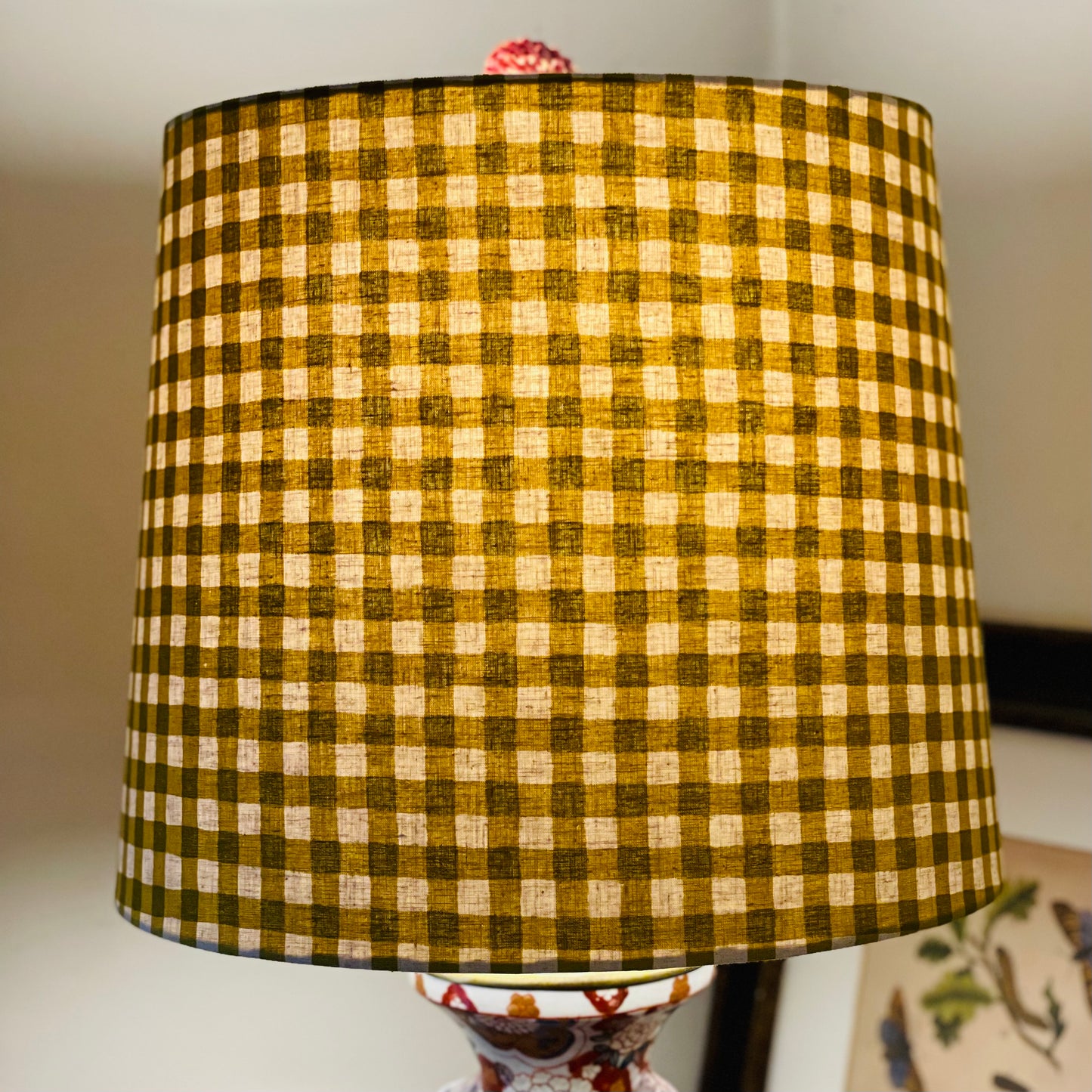 Large Empire Shade. 11.75 x 13.75 x 11.75. Yellow-Green Gingham Cotton-Linen from Japan.