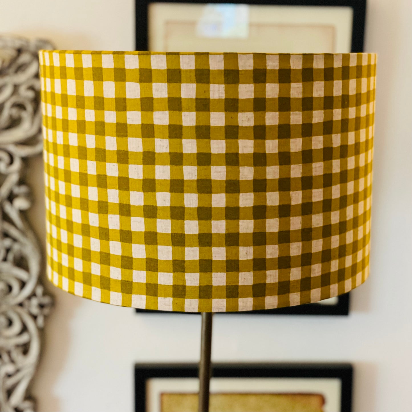 12 Inch Drum Shade. Yellow-Green Gingham Cotton-Linen from Japan.