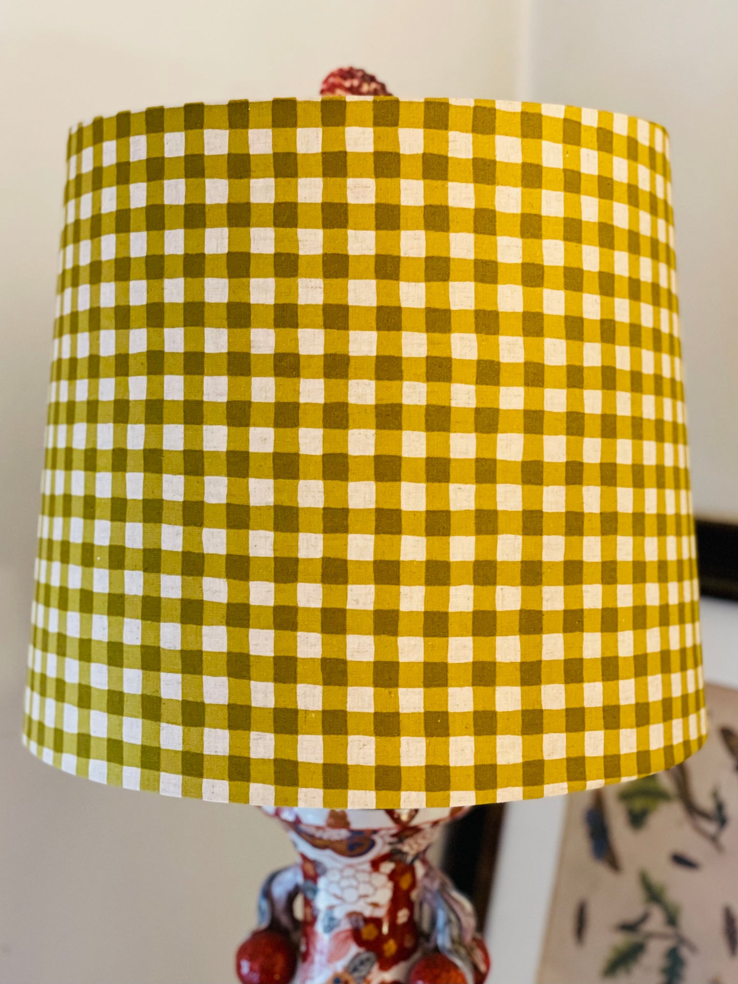 Large Empire Shade. 11.75 x 13.75 x 11.75. Yellow-Green Gingham Cotton-Linen from Japan.