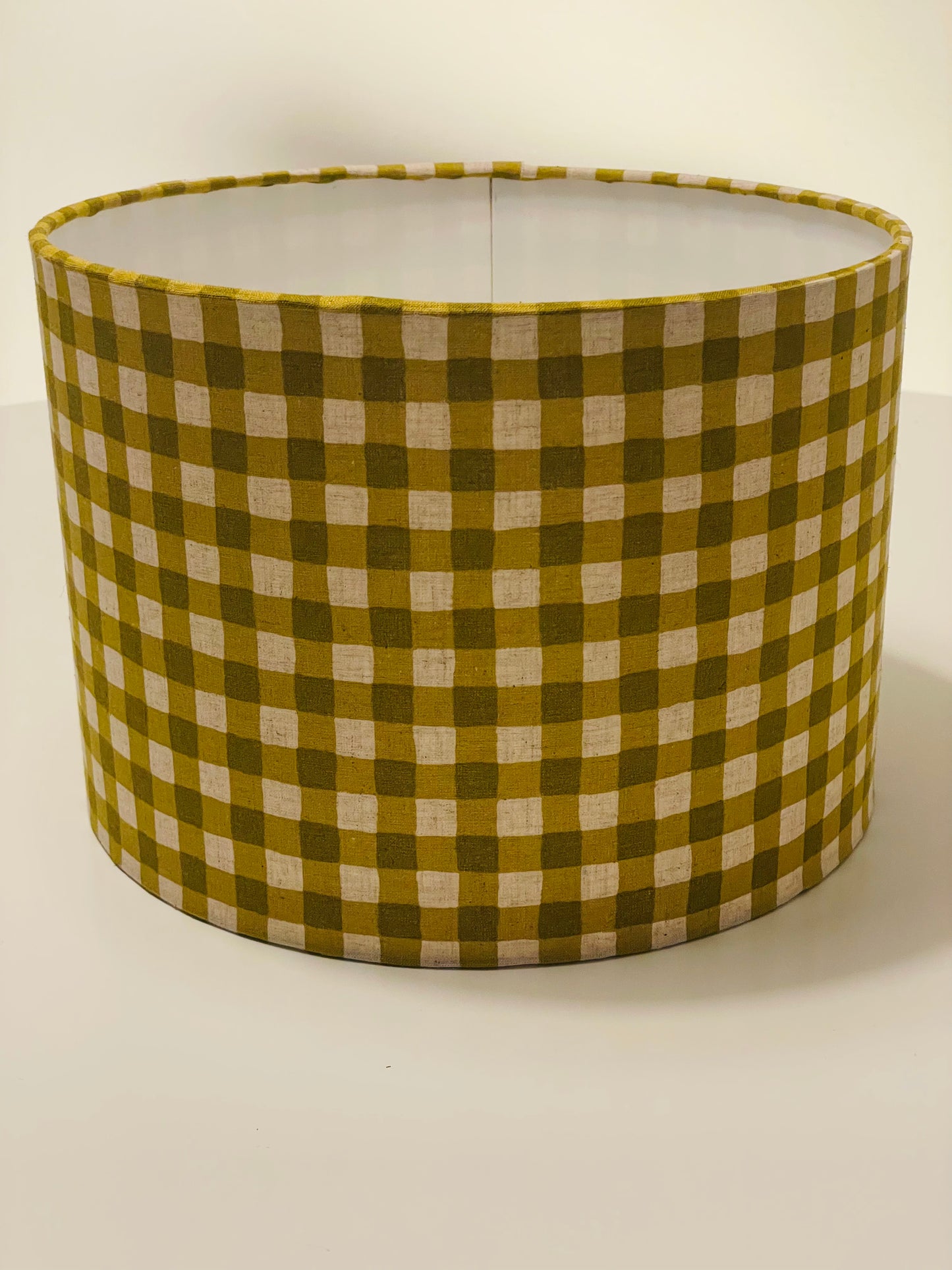 10 inch Drum Lampshade. Yellow-Green Gingham Cotton-Linen from Japan.