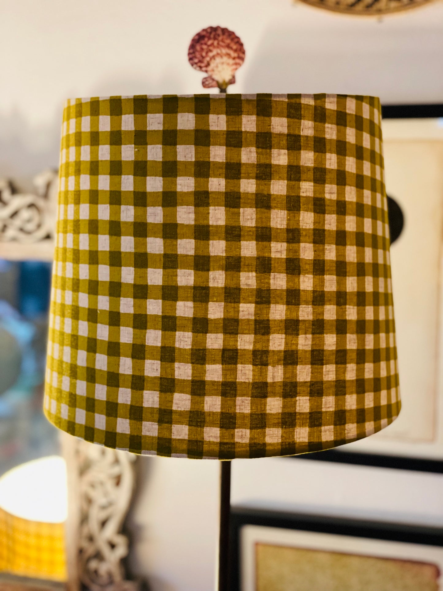 Medium Empire Lampshade. Yellow-Green Gingham Cotton-Linen from Japan.