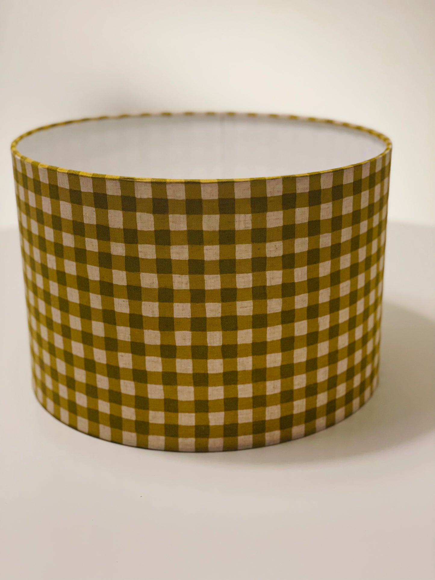 12 Inch Drum Shade. Yellow-Green Gingham Cotton-Linen from Japan.