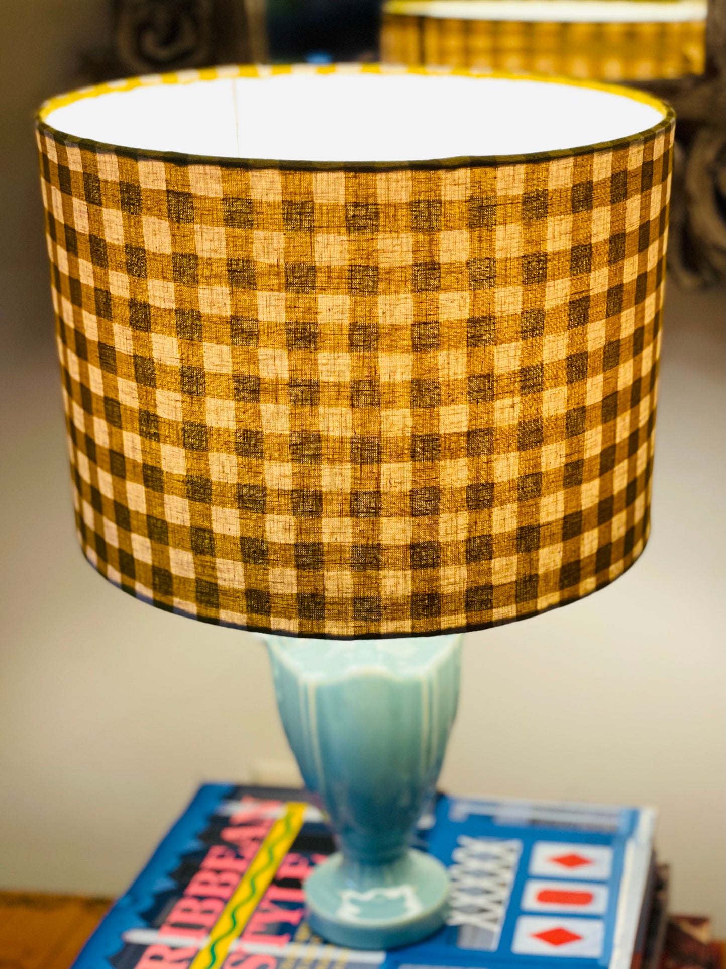 10 inch Drum Lampshade. Yellow-Green Gingham Cotton-Linen from Japan.