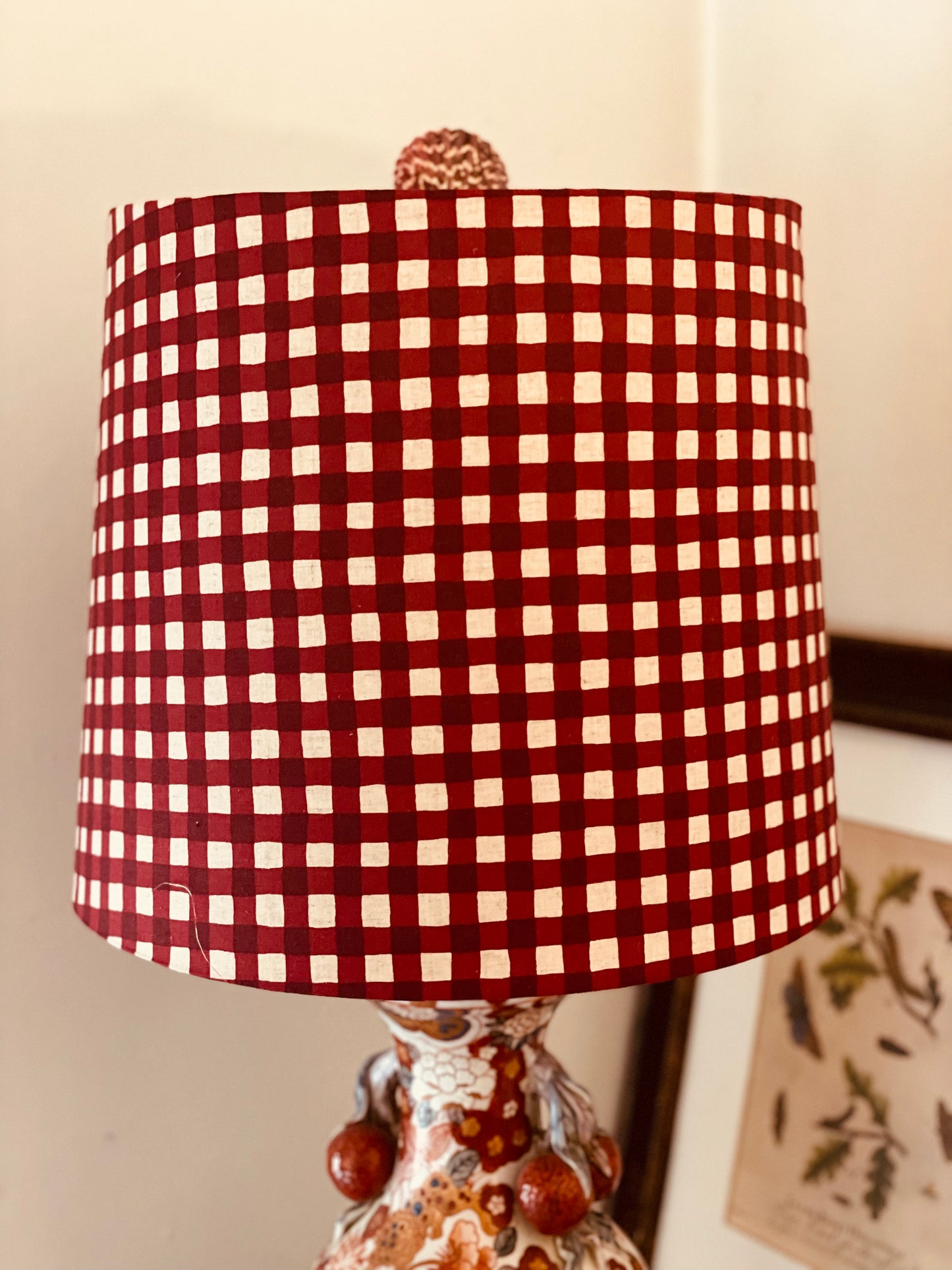 Large Empire Shade. 11.75 x 13.75 x 11.75. Maroon-Red Gingham Cotton-Linen from Japan.