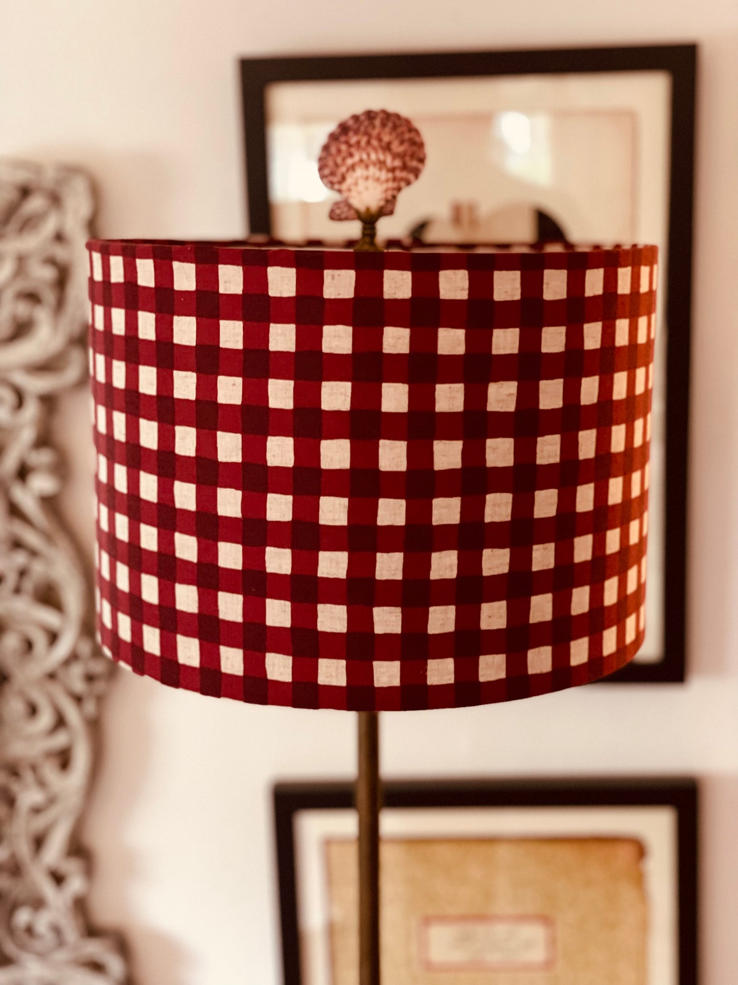 10 inch Drum Lampshade. Maroon-Red Gingham Cotton-Linen from Japan.