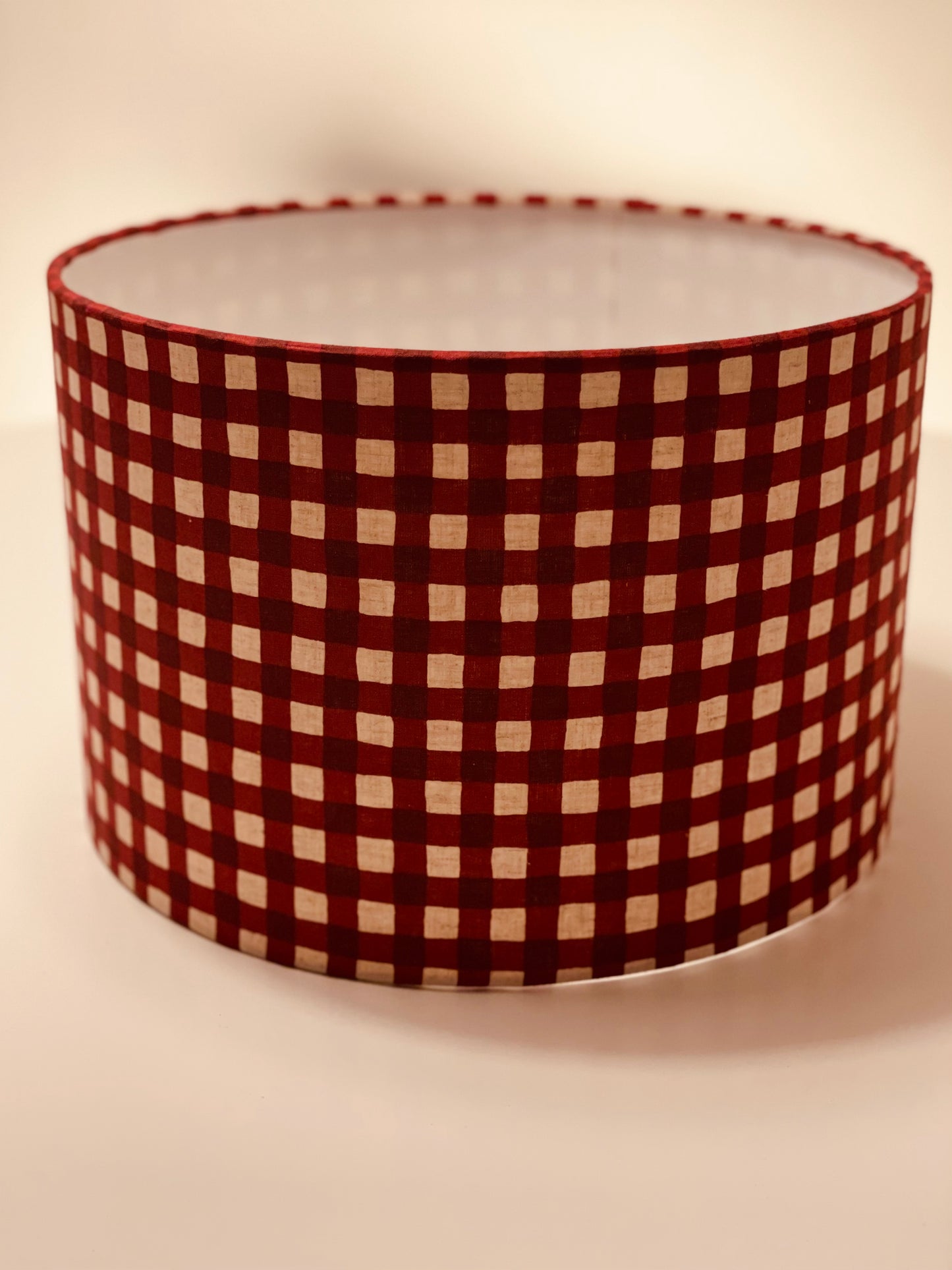 12 Inch Drum Shade. Maroon-Red Gingham Cotton-Linen from Japan.