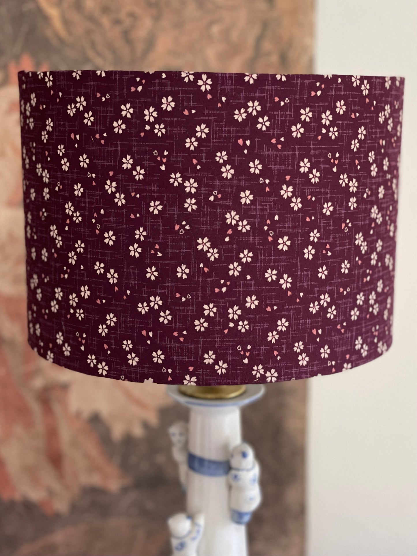 10 inch Drum Lampshade. Deep Plum with Tiny Cherry Blossom Motif. Japanese Cotton Fabric.