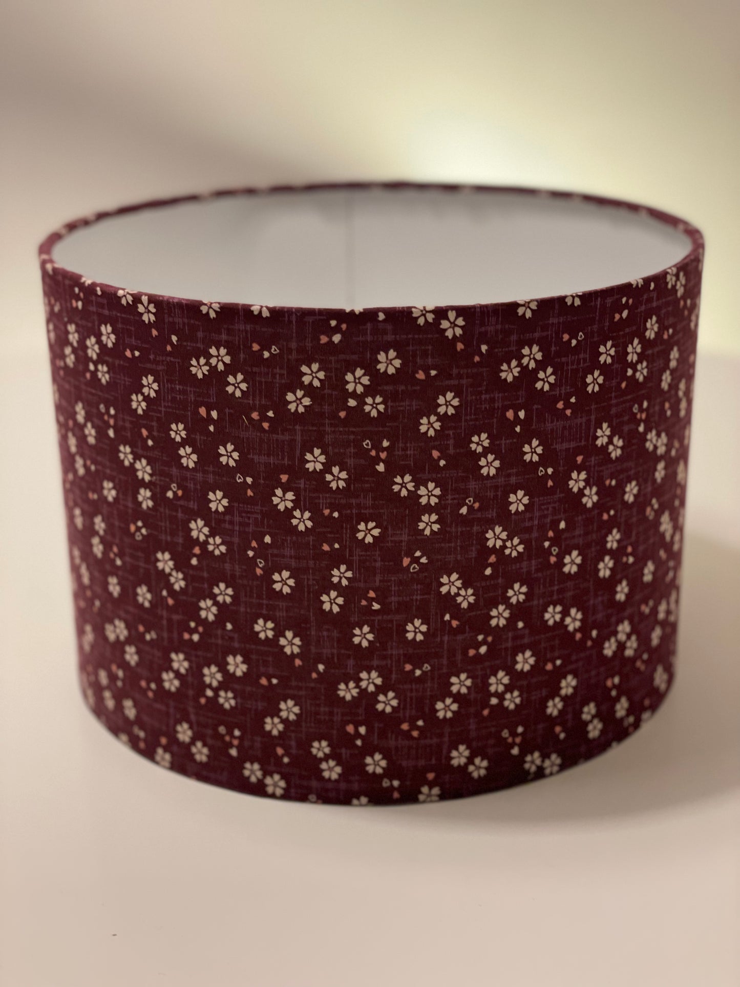 10 inch Drum Lampshade. Deep Plum with Tiny Cherry Blossom Motif. Japanese Cotton Fabric.