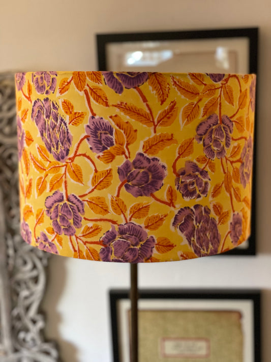 12 Inch Drum Shade. Sanganeri Hand Block Print from India. Pale Saffron with Ginger and Purple Blossoms.