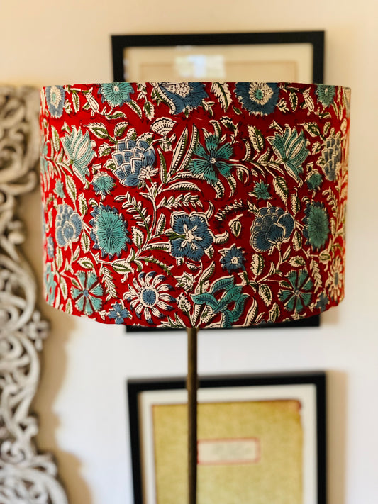 12 Inch Drum Shade. Sanganeri Hand Block Print from India. Crimson Red with Turquoise and Blue Floral Motif.
