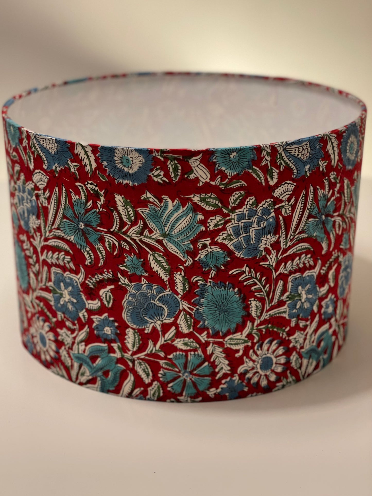 12 Inch Drum Shade. Sanganeri Hand Block Print from India. Crimson Red with Turquoise and Blue Floral Motif.