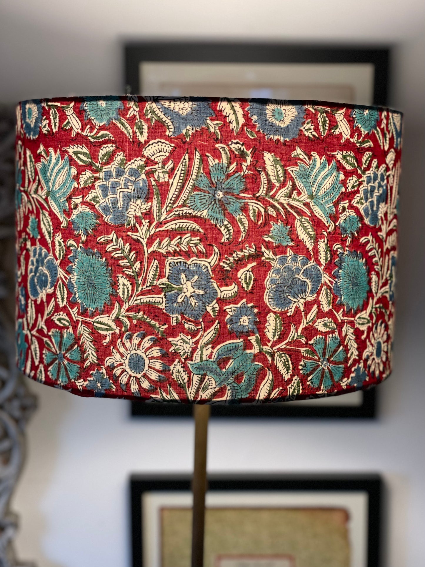 12 Inch Drum Shade. Sanganeri Hand Block Print from India. Crimson Red with Turquoise and Blue Floral Motif.