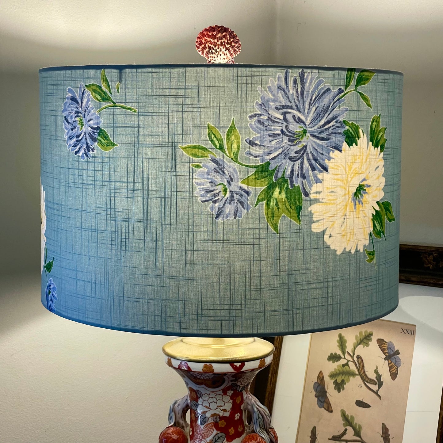 16 Inch Drum Lampshade. Vintage Summer Kimono Fabric from Japan. Cadet Blue with Painterly Blue and Cream Blossoms.