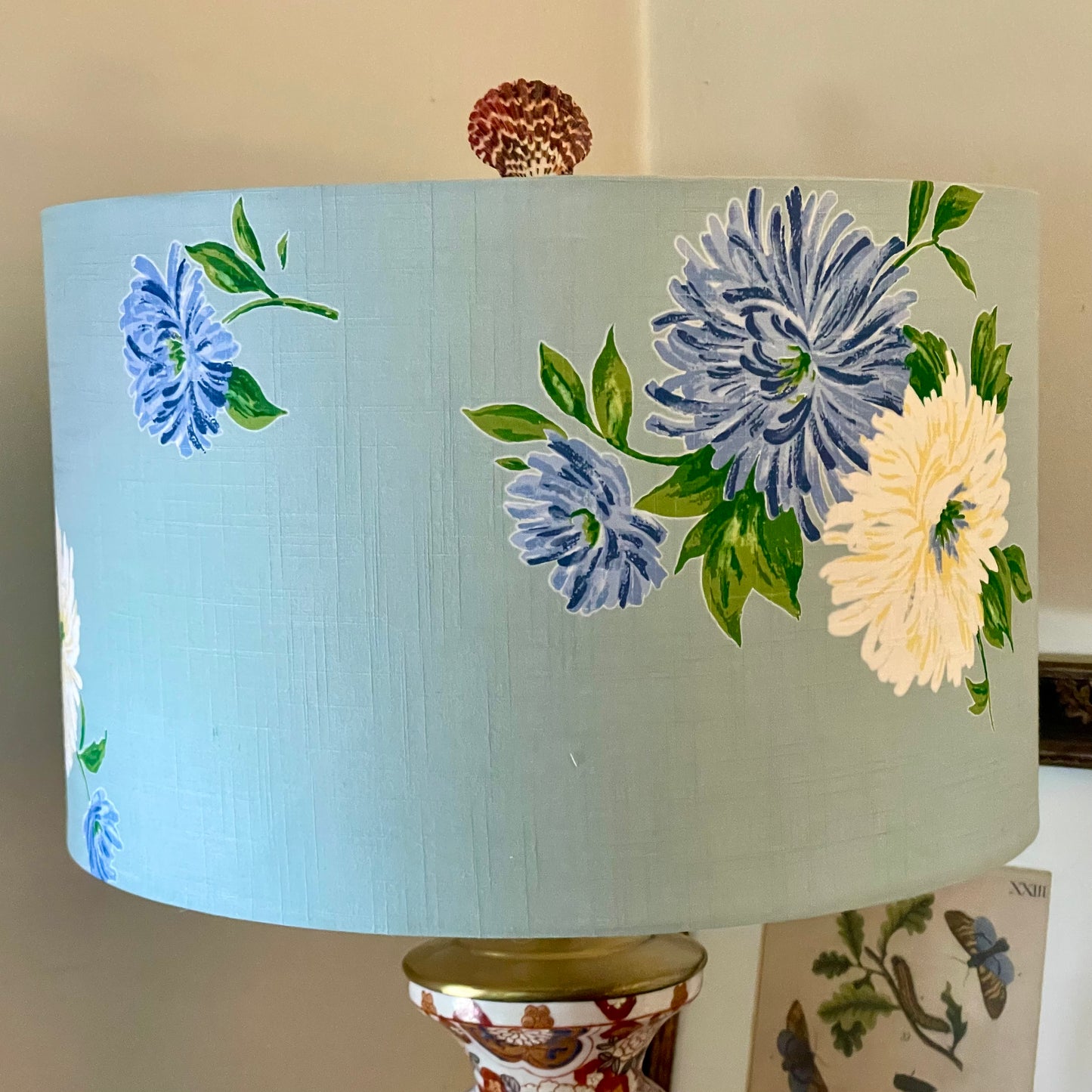16 Inch Drum Lampshade. Vintage Summer Kimono Fabric from Japan. Cadet Blue with Painterly Blue and Cream Blossoms.