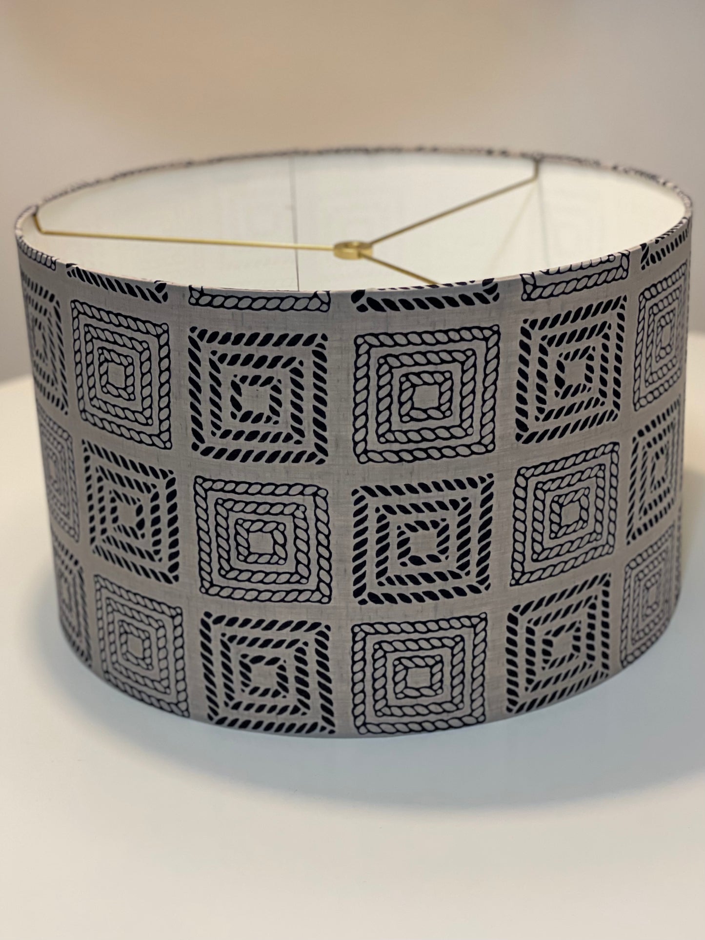 16 Inch Drum Lampshade. Vintage Summer Kimono Fabric from Japan. Smokey Gray and Black Braided Cord Motif.
