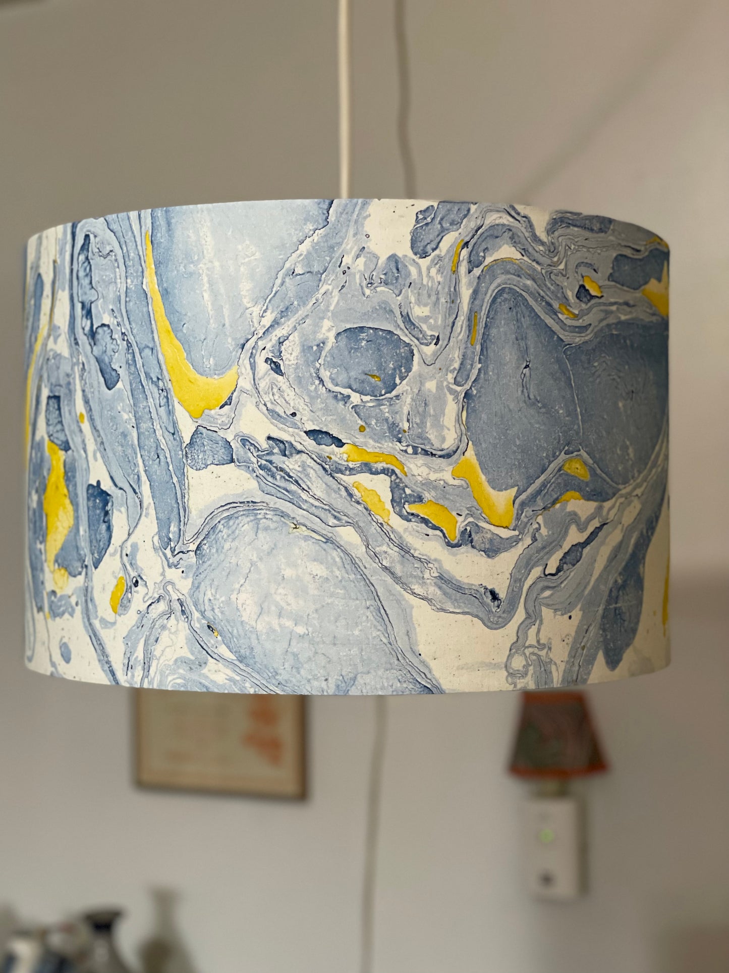 16 Inch Drum Lampshade. Indian Hand Marbled Fabric. Blue, Yellow, Ivory.