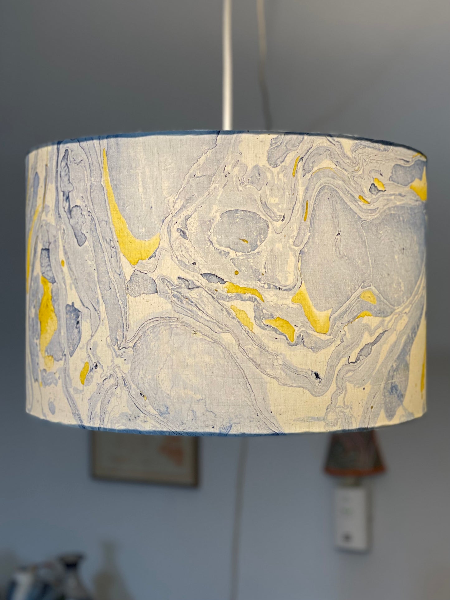 16 Inch Drum Lampshade. Indian Hand Marbled Fabric. Blue, Yellow, Ivory.