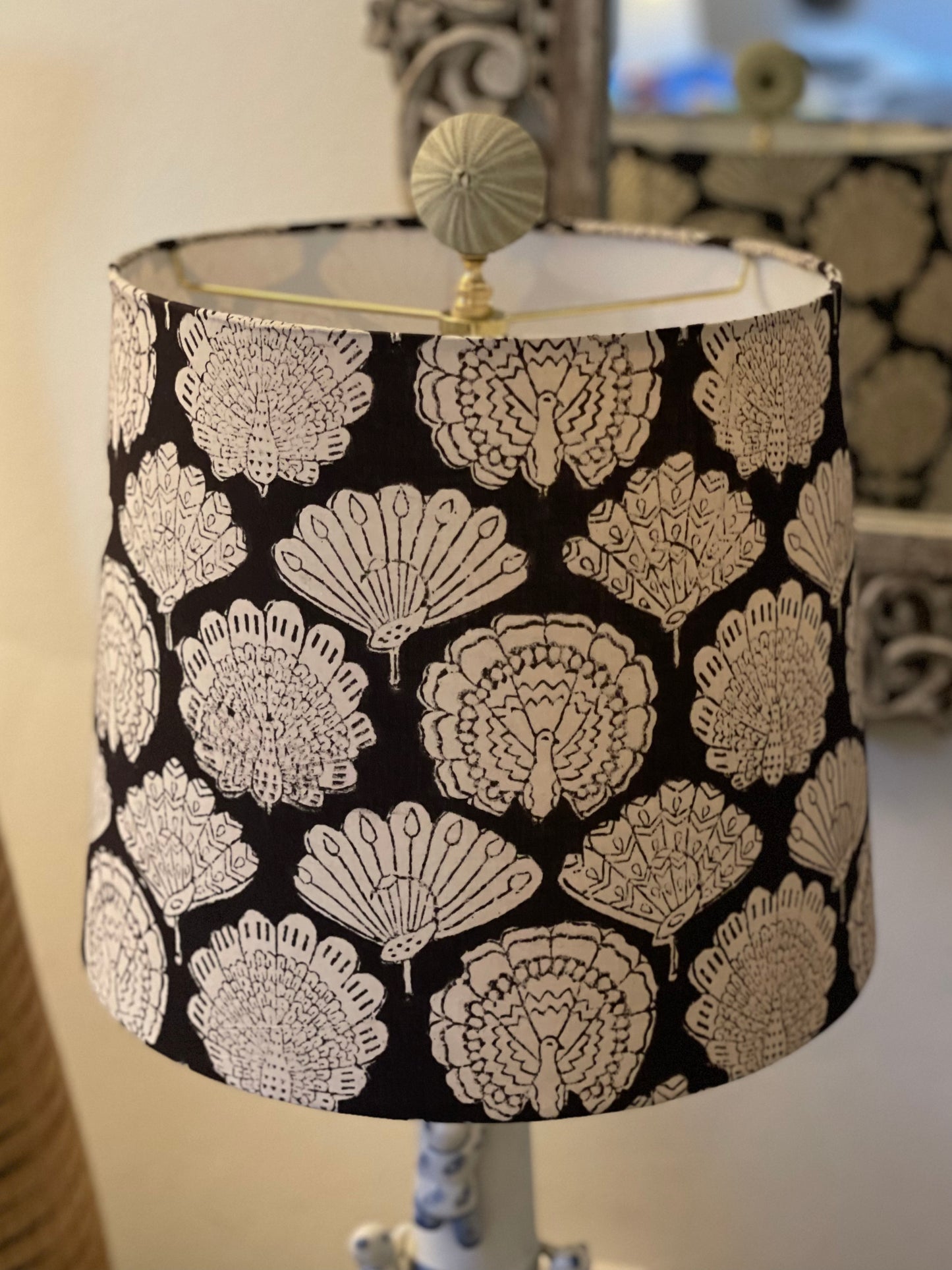 Medium Empire Lampshade. Indian Hand Block Print. Black with Ivory Peacock Motif.