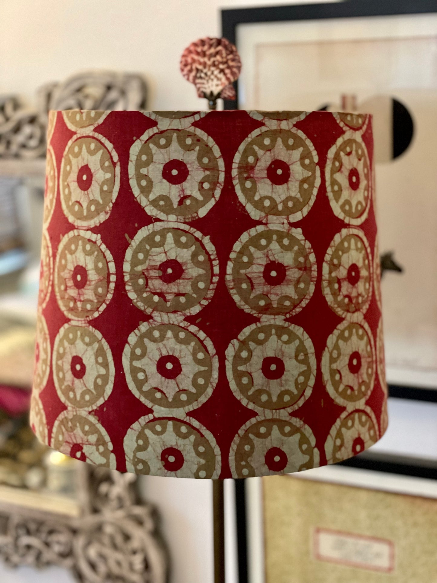 Medium Empire Lampshade. Kutchi Hand Batik from India. Rosewood with Pale Coffee and Pale Taupe.