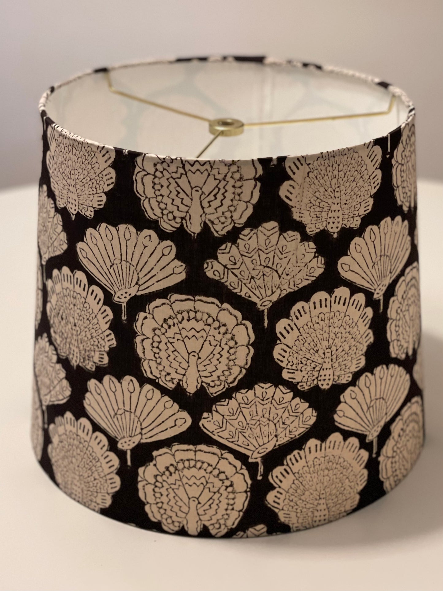 Medium Empire Lampshade. Indian Hand Block Print. Black with Ivory Peacock Motif.