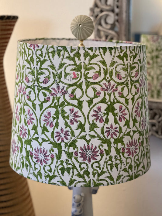 Medium Empire Lampshade. Sanganeri Hand Block Print from Jaipur. Avocado and Taupe-y Pink Floral and Vine Motif.