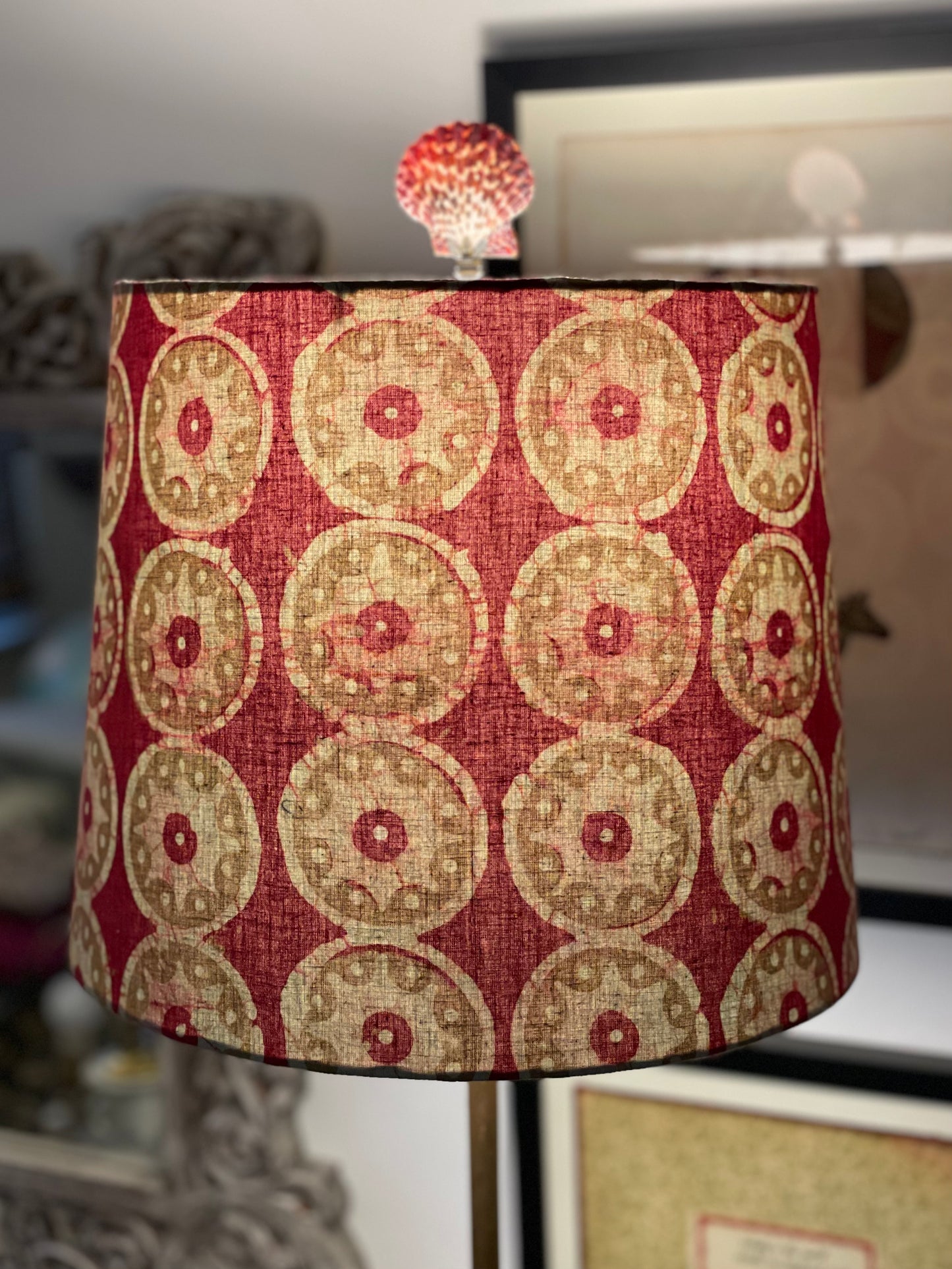 Medium Empire Lampshade. Kutchi Hand Batik from India. Rosewood with Pale Coffee and Pale Taupe.