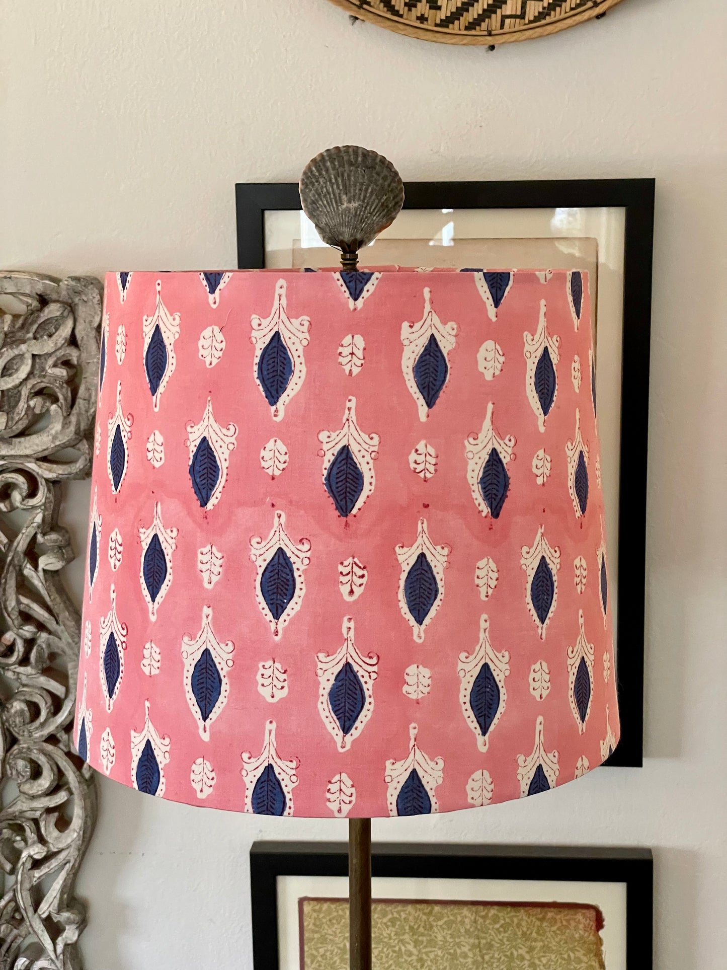 Medium Empire Lampshade. Indian Block print from Jaipur. Rosy Pink with Navy and White.