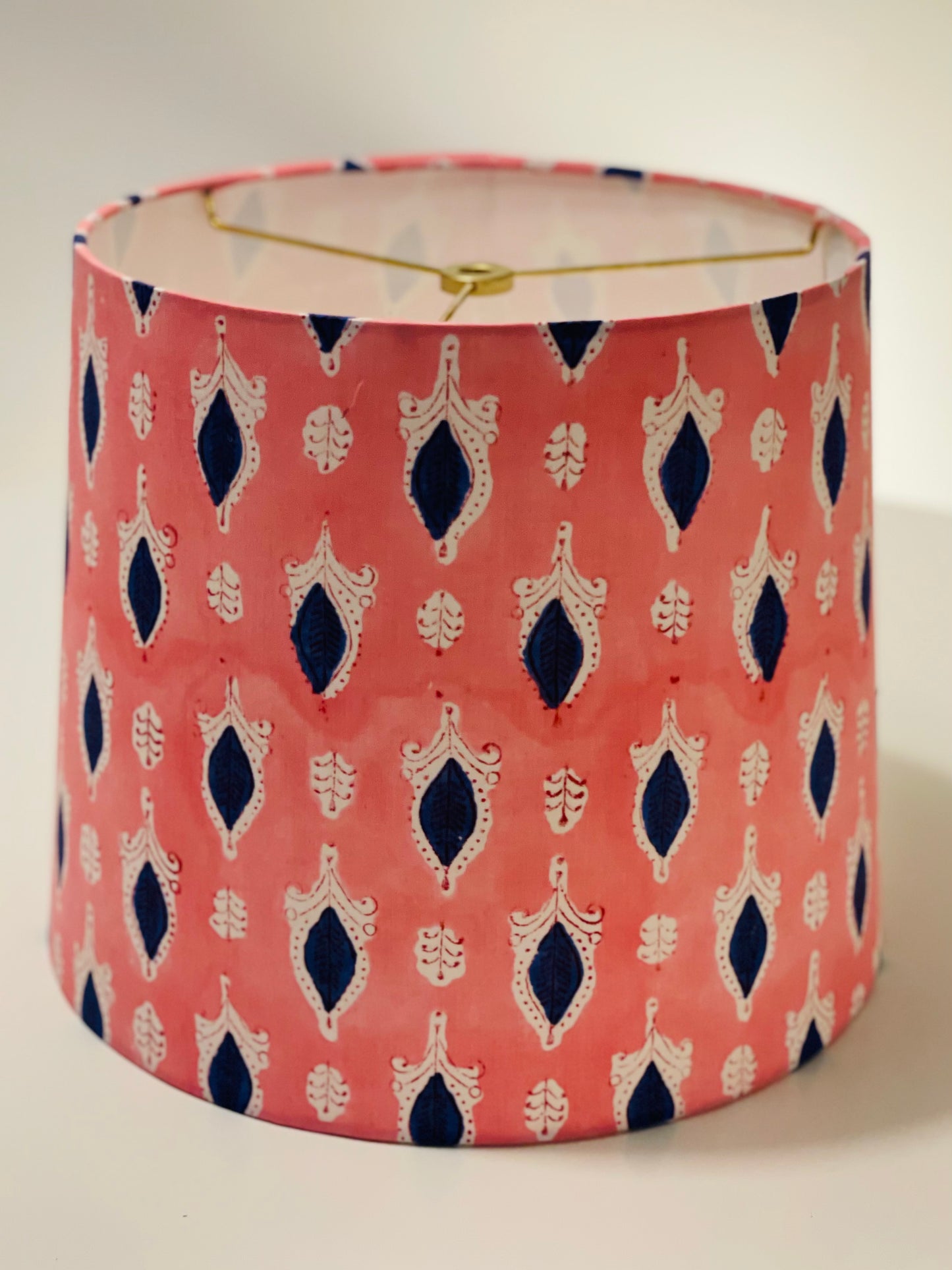 Medium Empire Lampshade. Indian Block print from Jaipur. Rosy Pink with Navy and White.