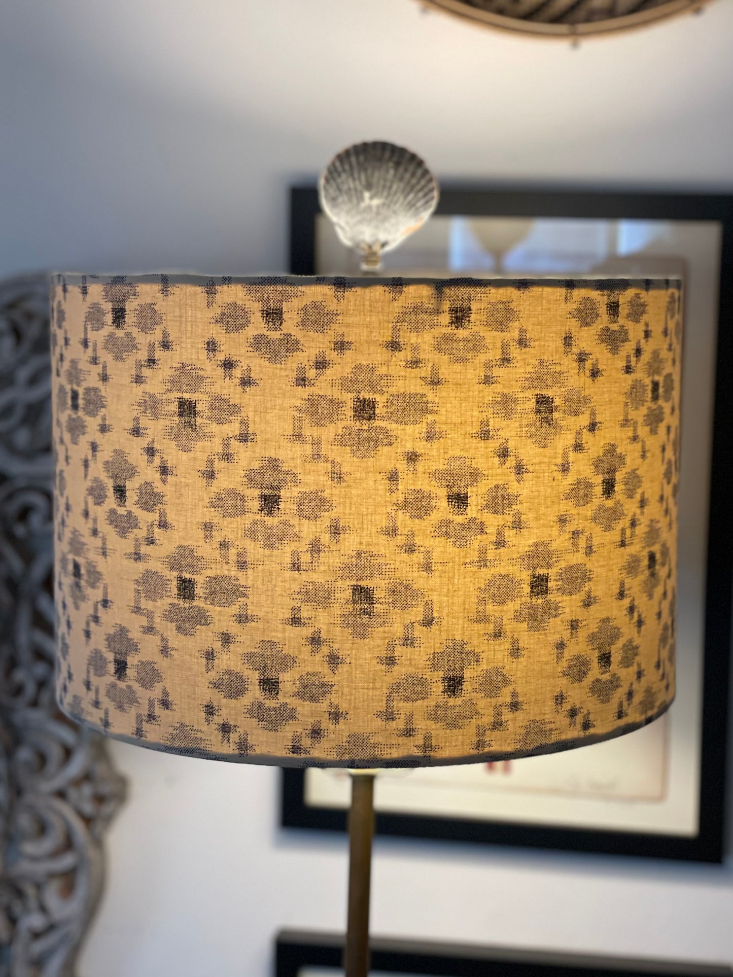 12 Inch Drum Shade. Traditional Japanese Fabric. Sand with Blue-Gray "Igeta" Grid Pattern.