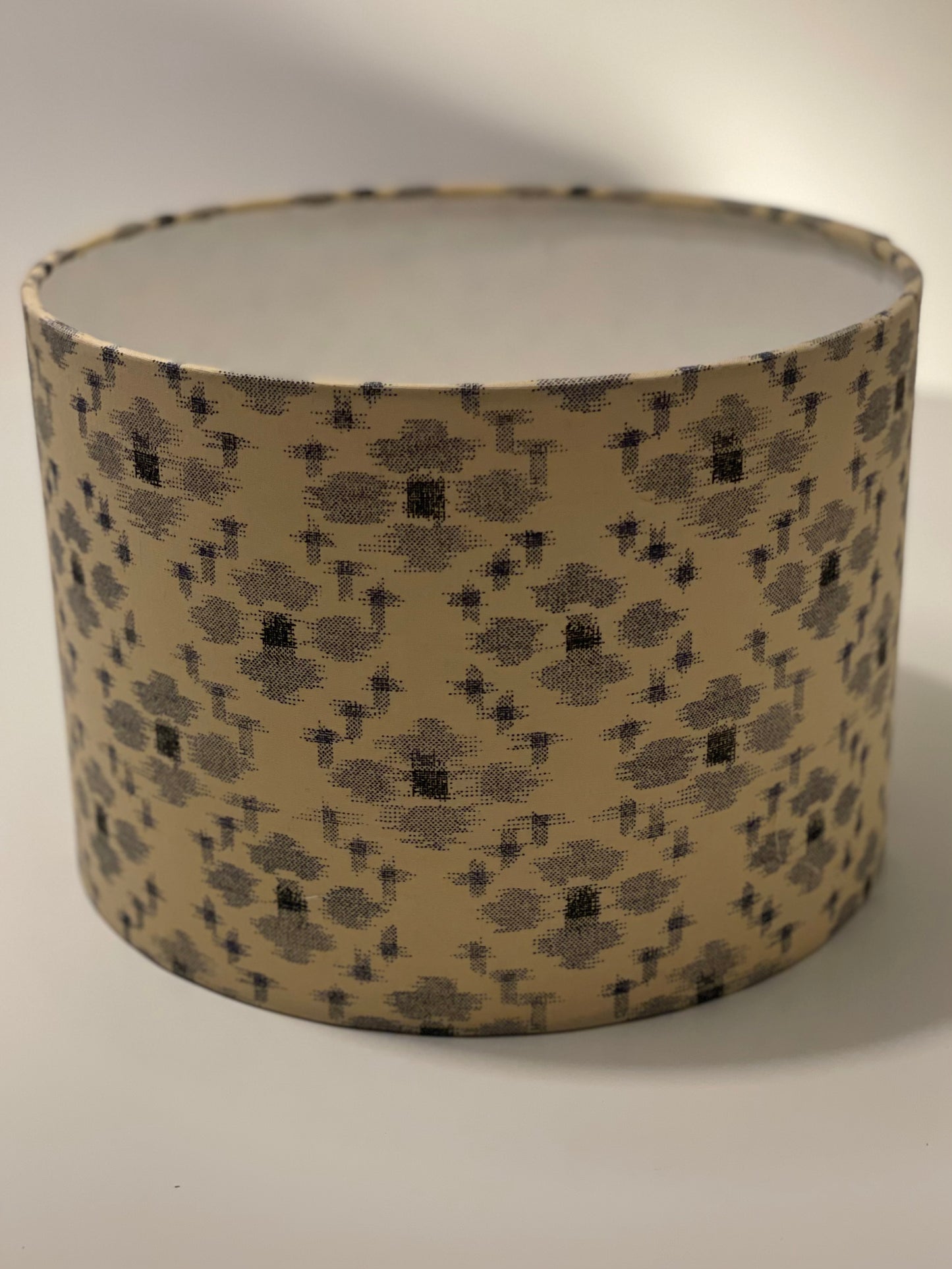 10 inch Drum Lampshade. Traditional Japanese Fabric. Sand with Blue-Gray "Igeta" Grid Pattern.