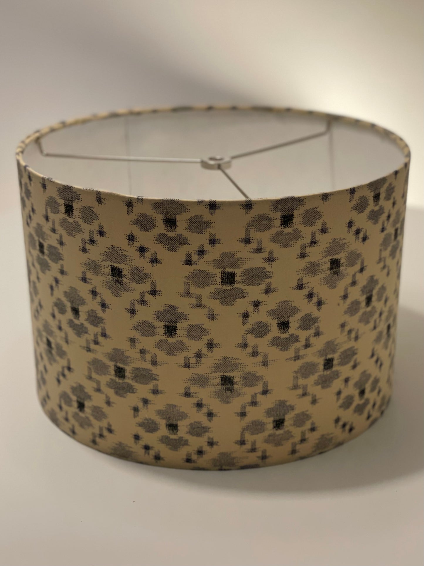 12 Inch Drum Shade. Traditional Japanese Fabric. Sand with Blue-Gray "Igeta" Grid Pattern.