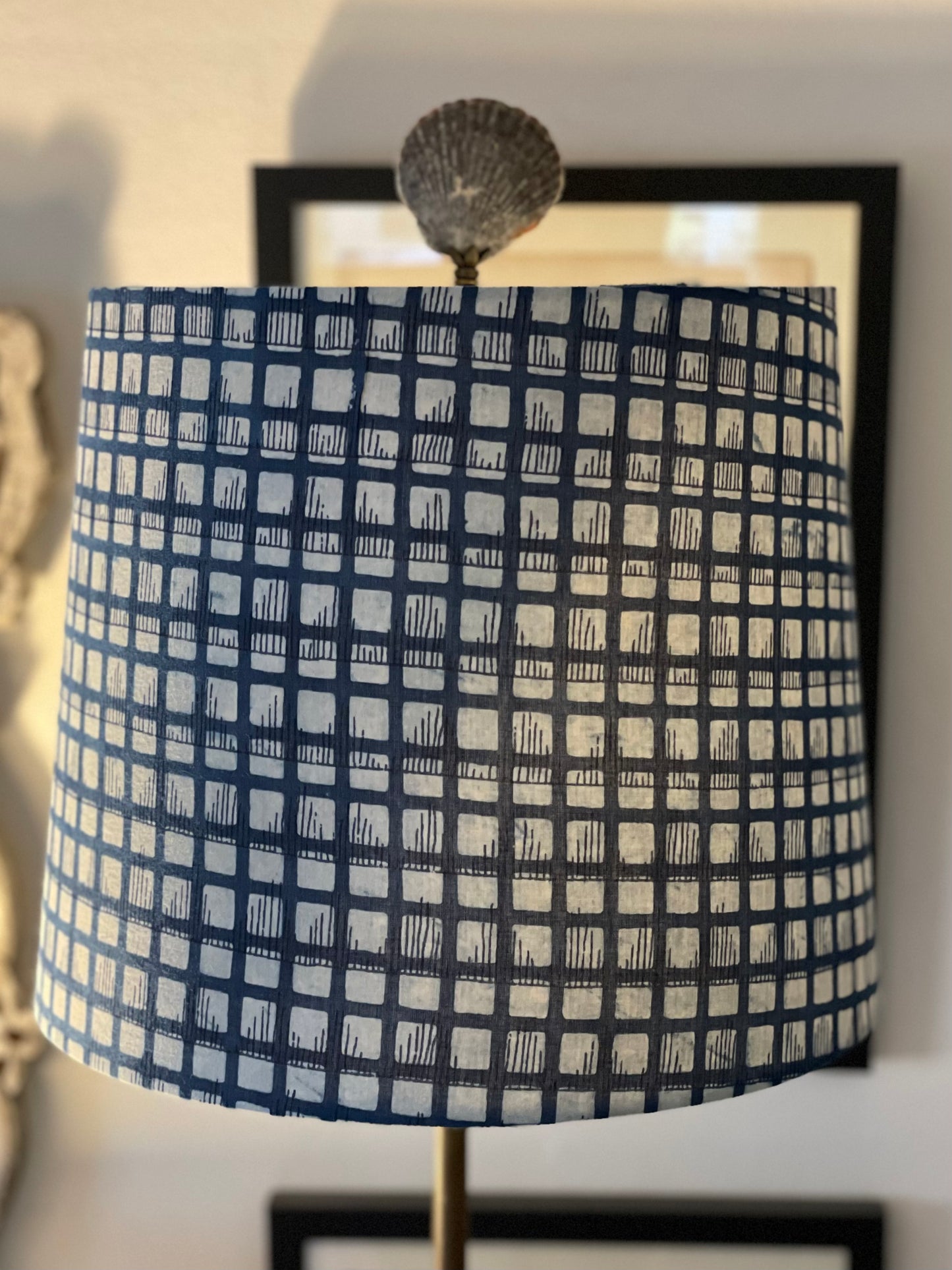 Medium Empire Lampshade. Indigo Hand Print from India. Blue and White Windowpane Motif.