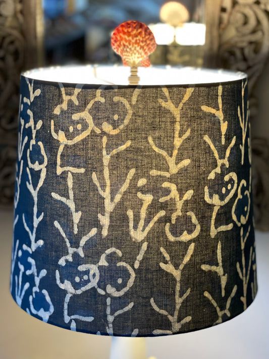 Medium Empire Lampshade. Hand Batik from India. Indigo Flower Motif.