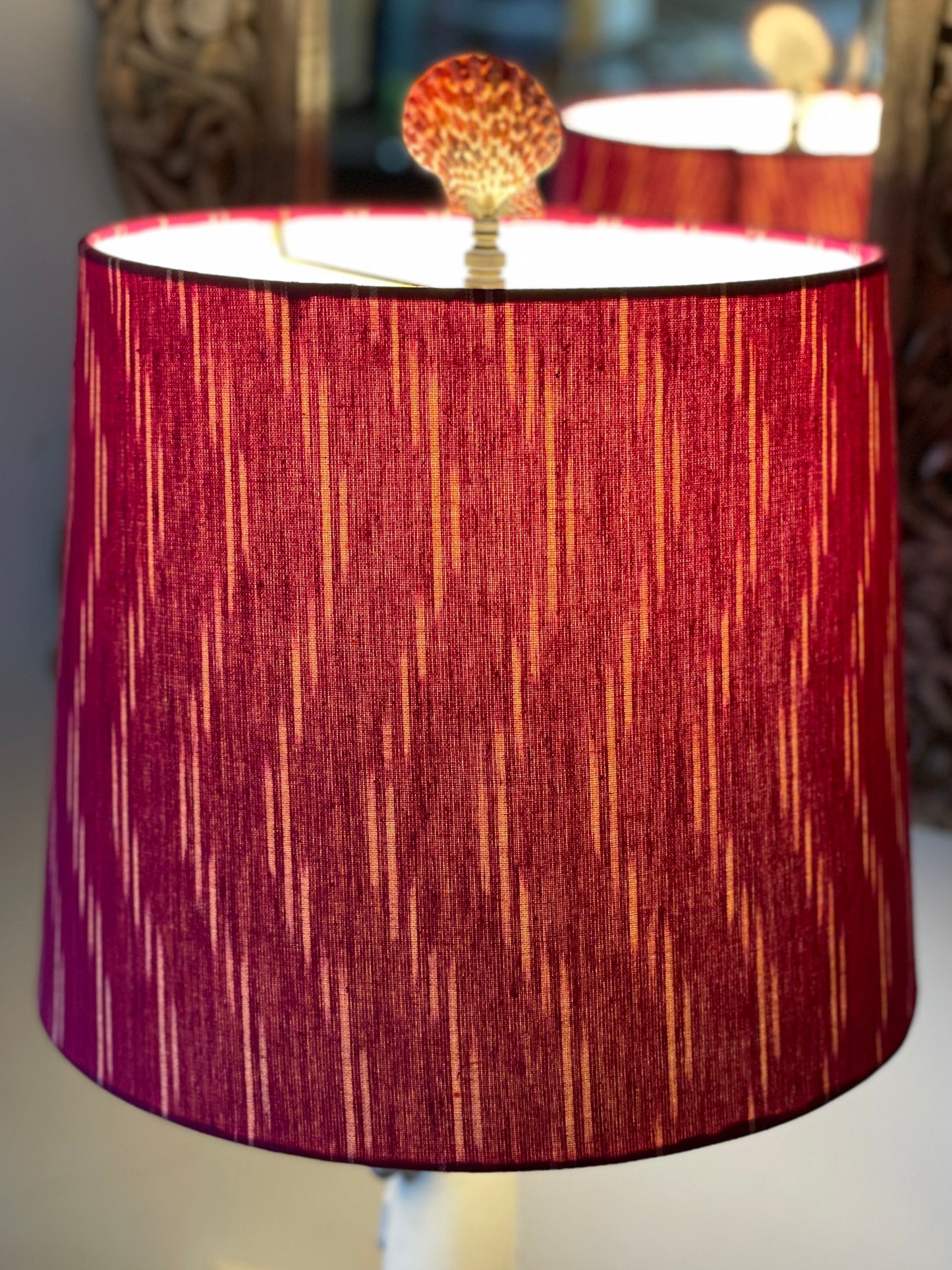 Medium Empire Lampshade. Indian Pochampally Ikat Weave Cotton Fabric. Plum and Ivory.