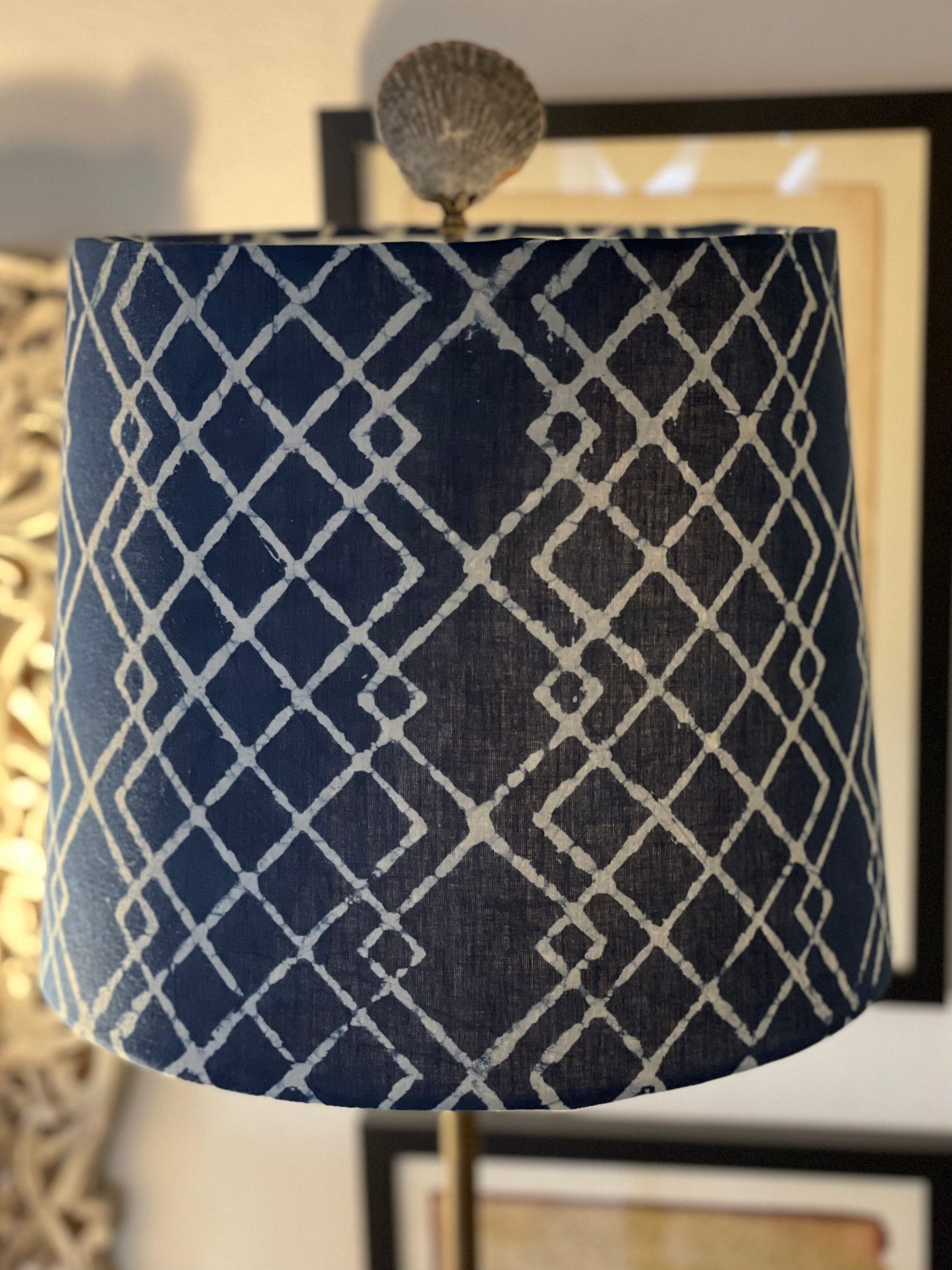 Medium Empire Lampshade. Hand Batik from India. Indigo Geometric Motif.