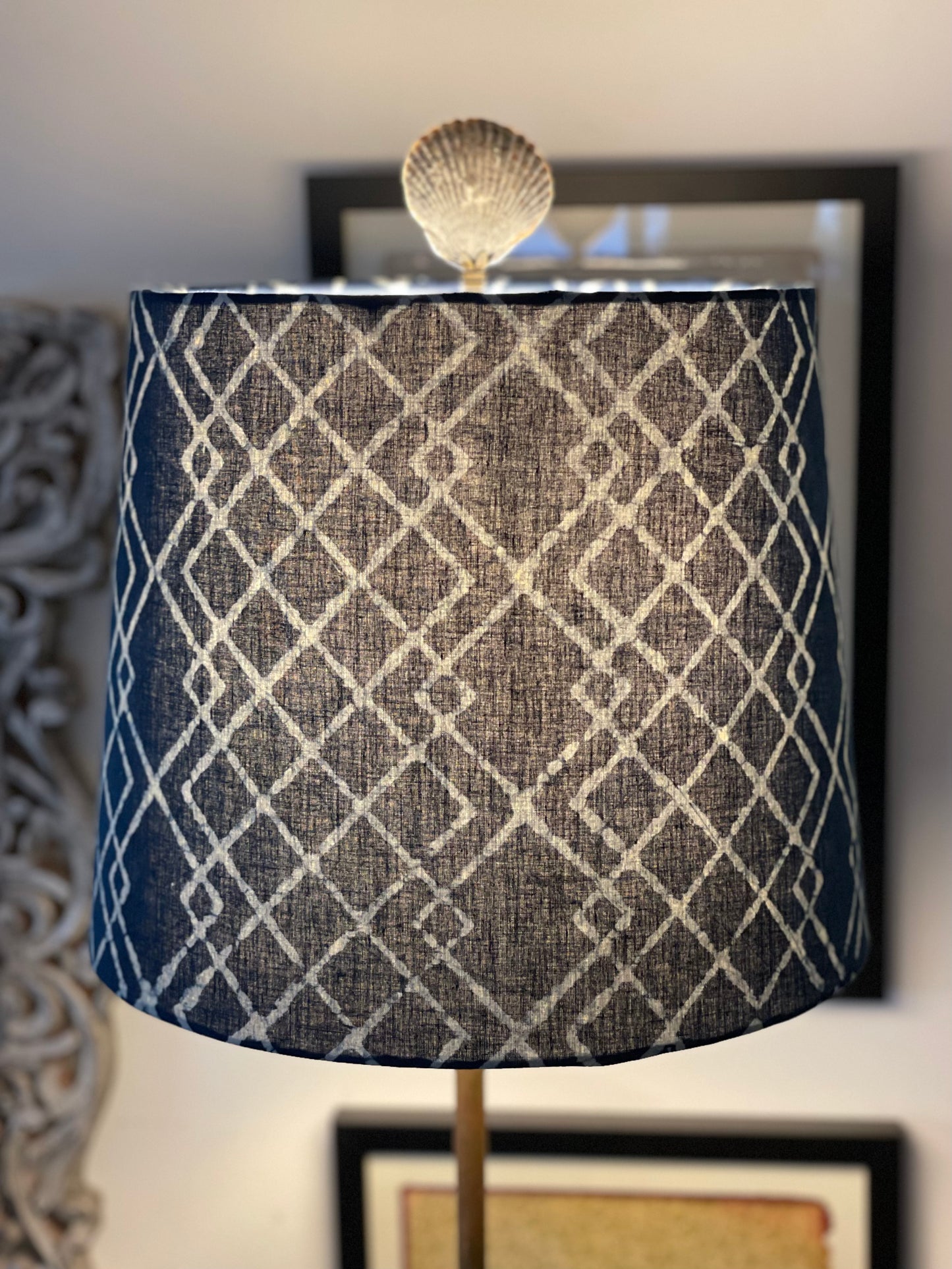 Medium Empire Lampshade. Hand Batik from India. Indigo Geometric Motif.