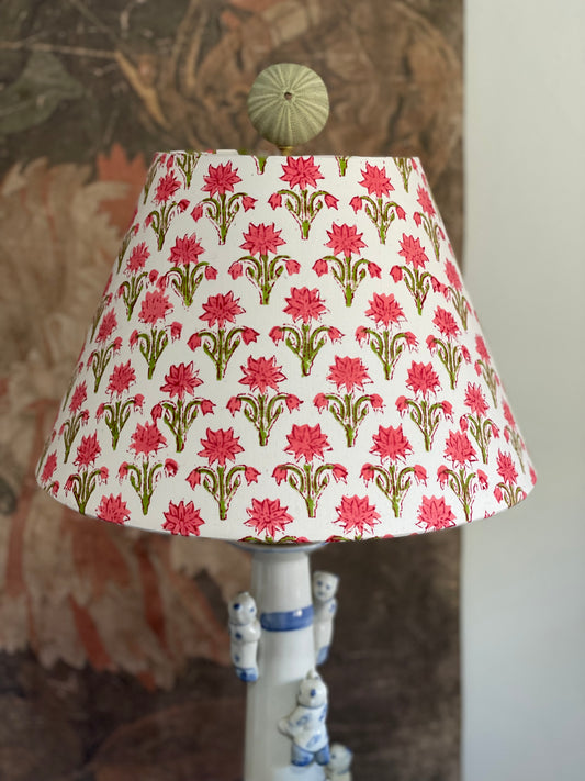Small Conical Lampshade. Indian Block Print. Carmine Pink and Olive Green Floral on Ivory.