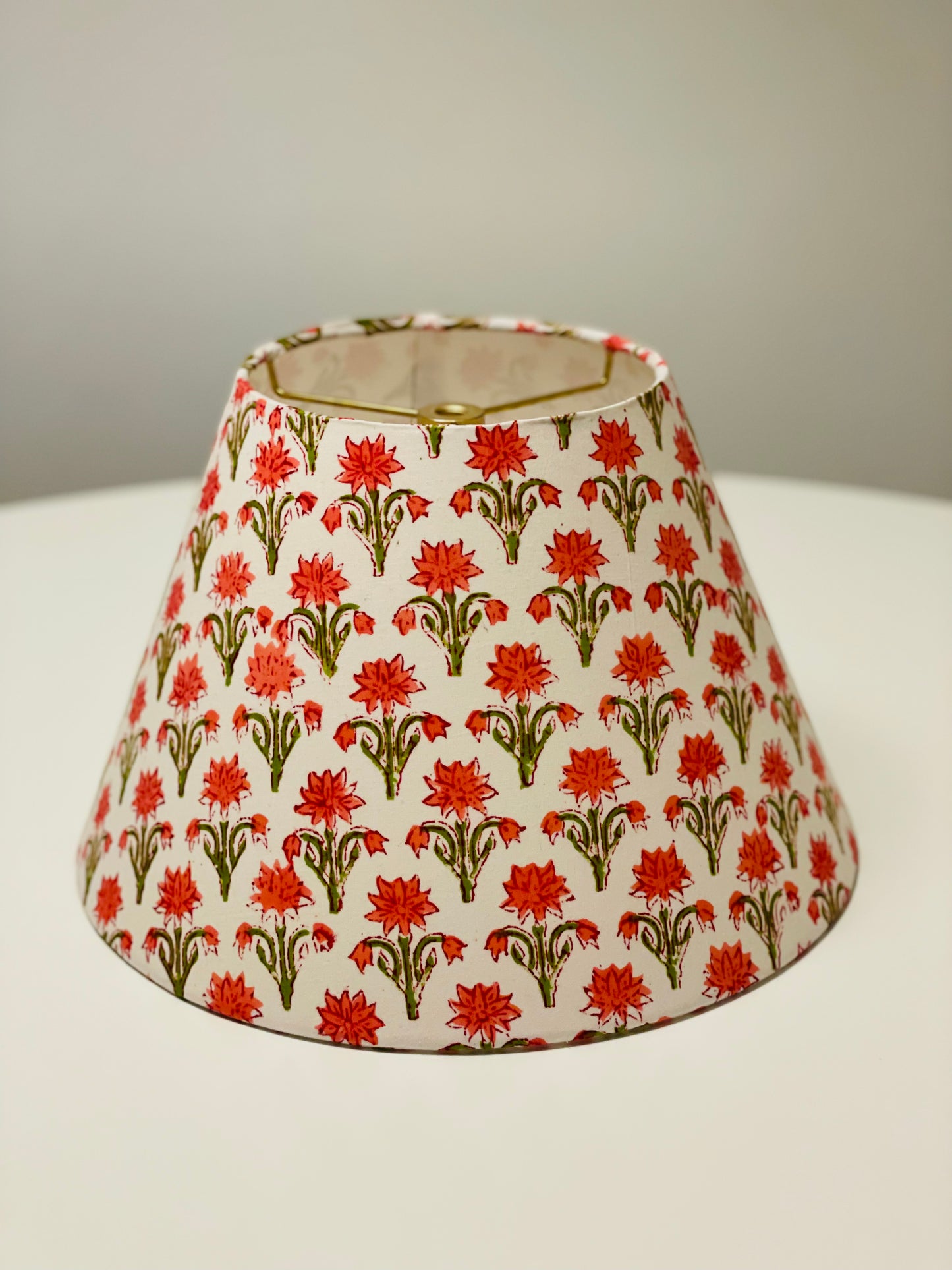 Small Conical Lampshade. Indian Block Print. Carmine Pink and Olive Green Floral on Ivory.