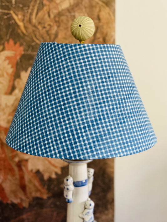 Small Conical Lampshade. Indian Block Print. Indigo Hand Print from India. Faded Blue Check Pattern.