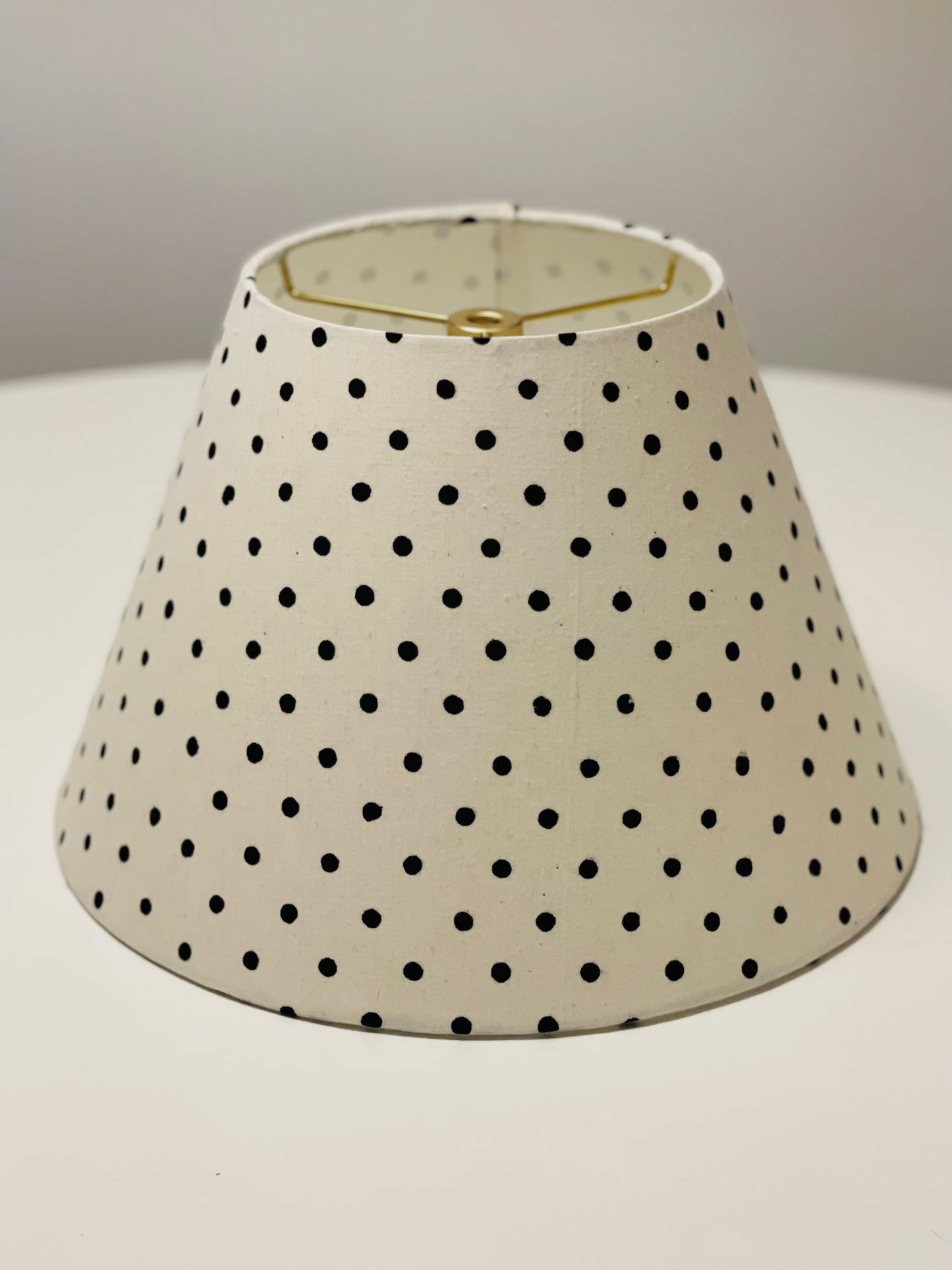 Small Conical Lampshade. Indian Hand Block Print. White with Black Polka Dots.