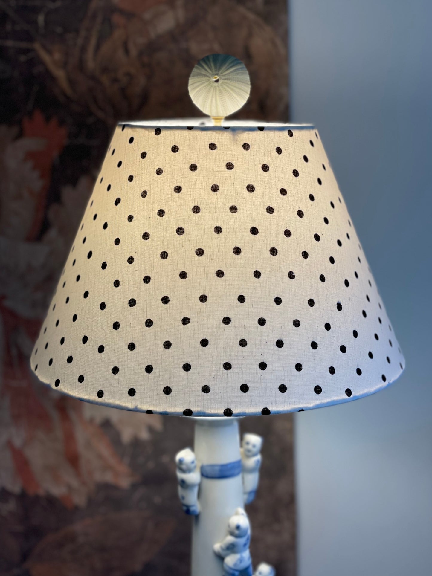 Small Conical Lampshade. Indian Hand Block Print. White with Black Polka Dots.