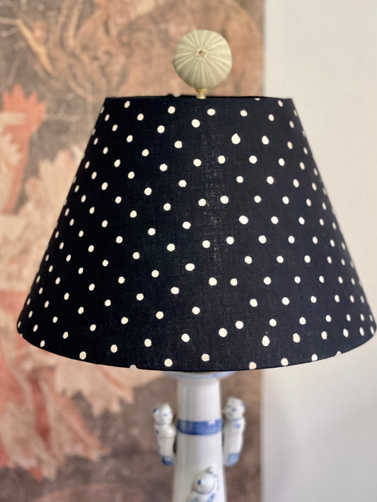 Small Conical Lampshade.  Indian Hand Block Print. Black with Off-White Polka Dot.