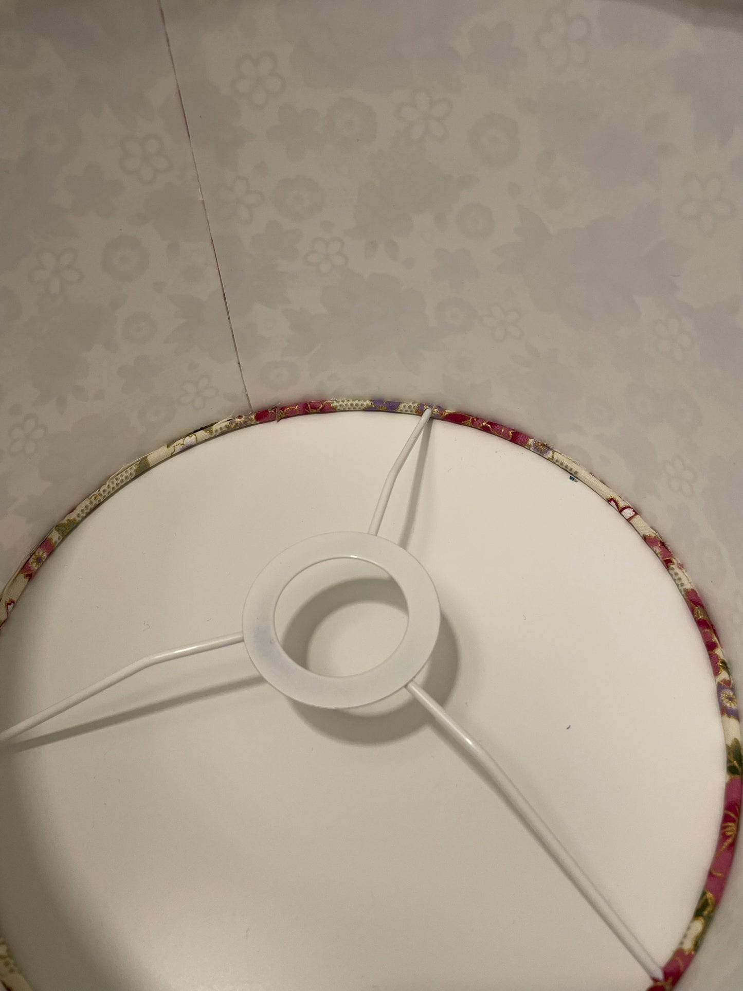 10 inch Drum Lampshade. Traditional Japanese Fabric. Mulberry and Lilac Peony Motif on Cream with Gold Accents.