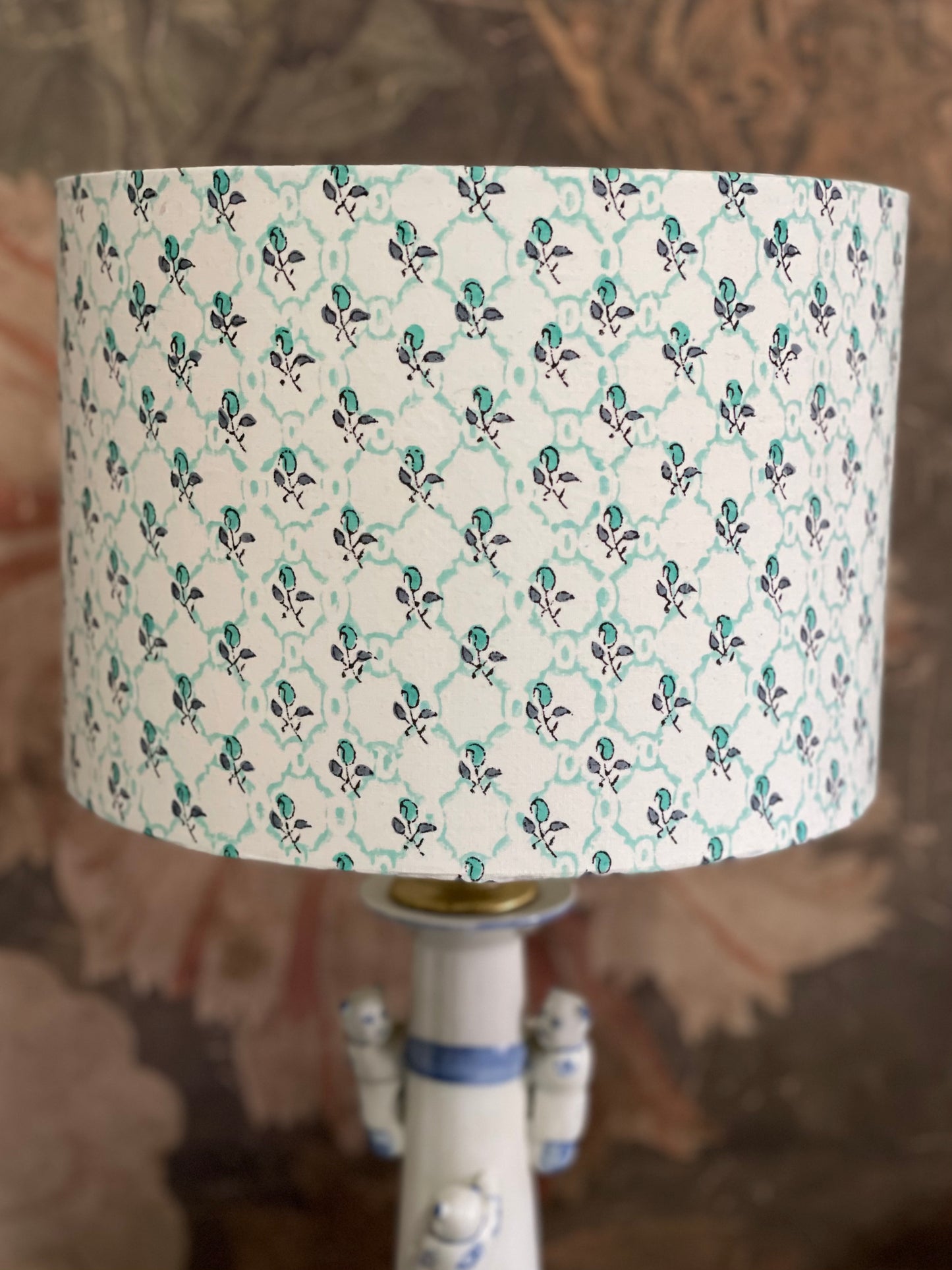 10 inch Drum Lampshade. Indian Hand Block Print. Pretty Teal Lattice and Buta Pattern.