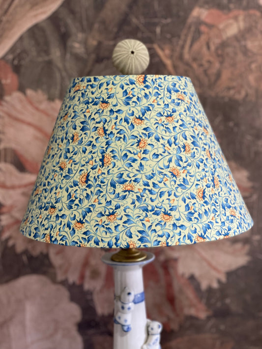 Small Conical Lampshade. Japanese Poplin. Ochre, Sepia, and Blue Leaf and Bud Motif on Ecru.