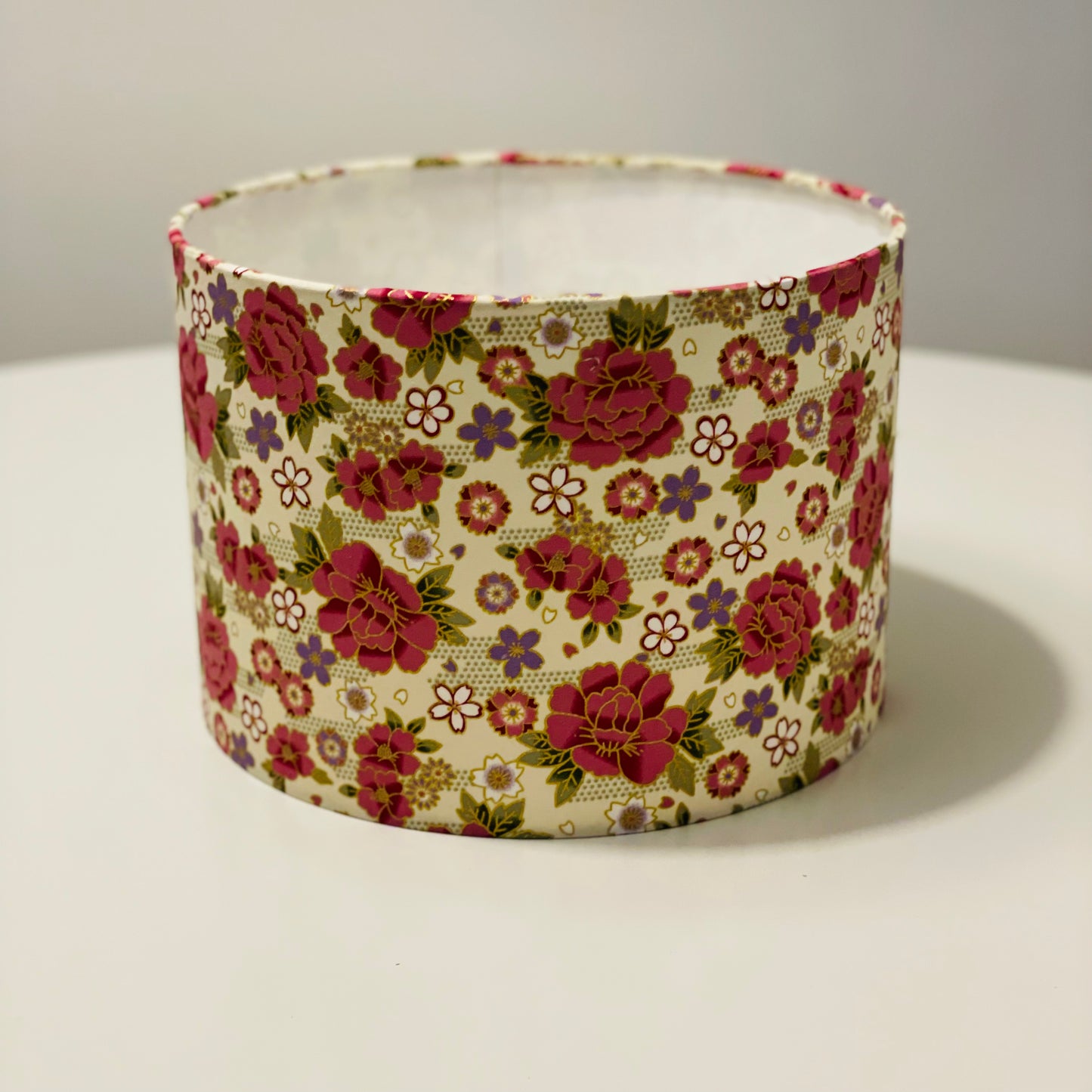 10 inch Drum Lampshade. Traditional Japanese Fabric. Mulberry and Lilac Peony Motif on Cream with Gold Accents.