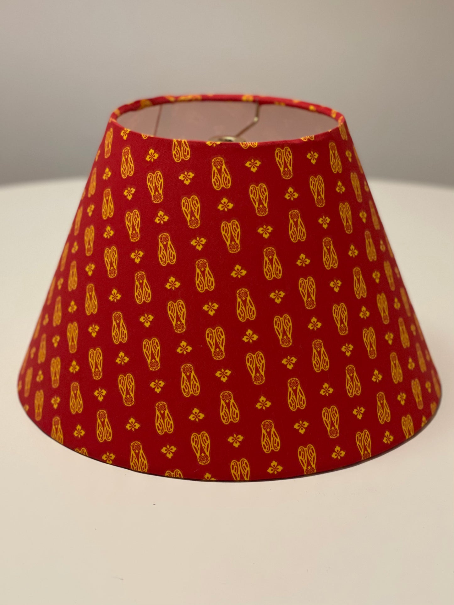 Small Conical Lampshade. Darling Provençal "Cicada" print in Tomato Red and Yellow/Orange.